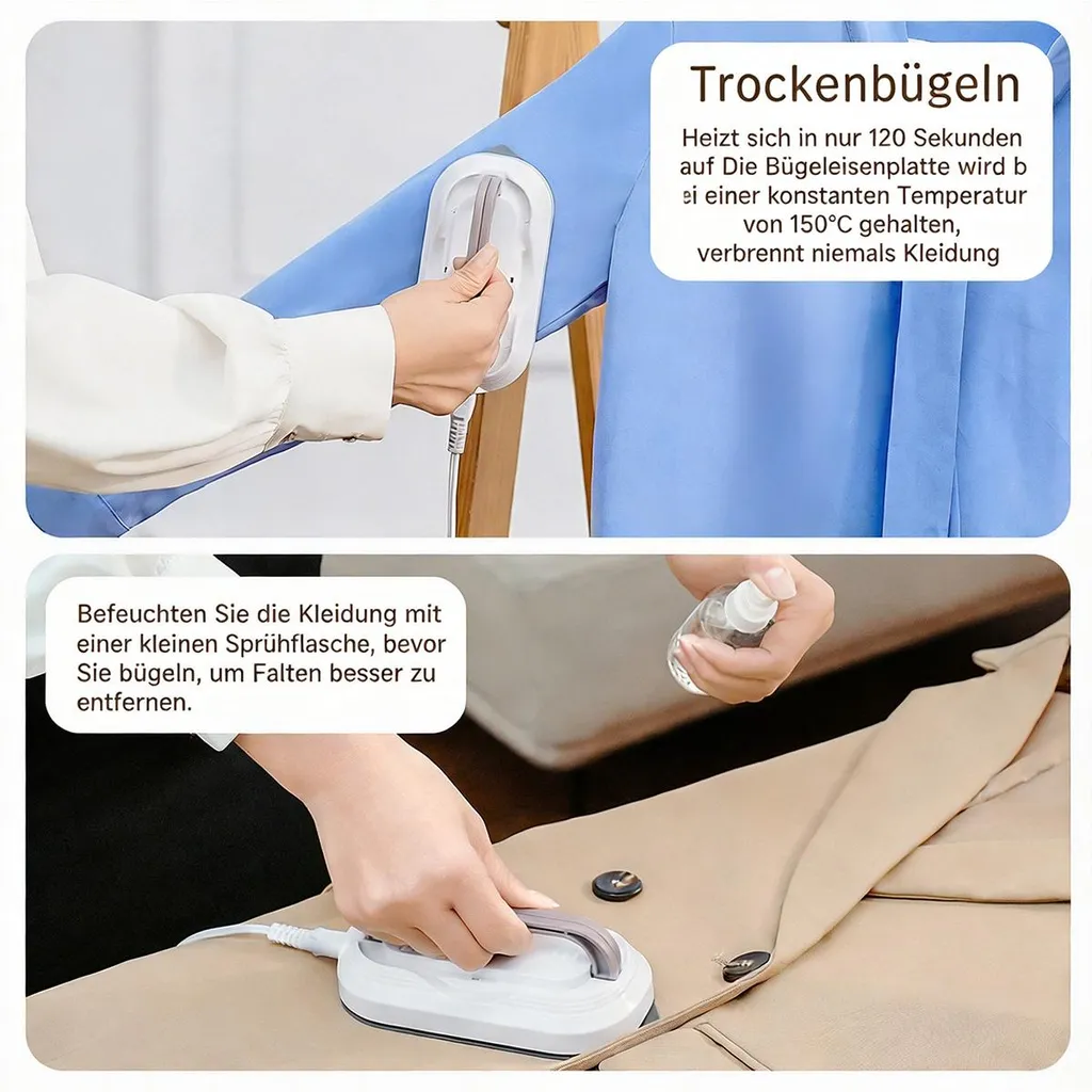 Eine Person bügelt Kleidung. Unten wird ein Blazer mit einem Bügeleisen geglättet.