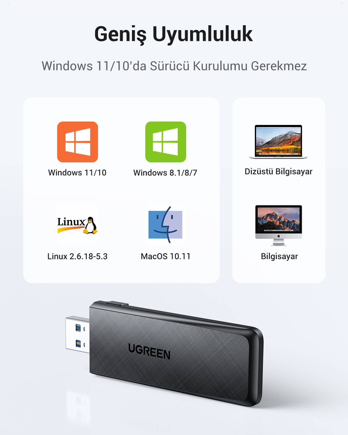 Ein schwarzer UGREEN USB-Stick mit Kompatibilitätssymbolen für Windows, Linux und macOS.