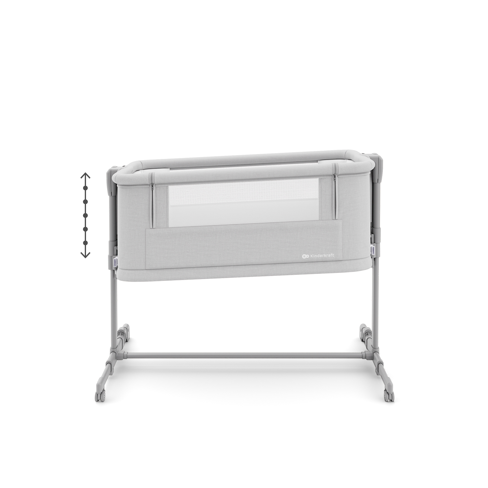 Ein graues Babybett mit Rädern und Netzfenster. Höhenverstellbar.