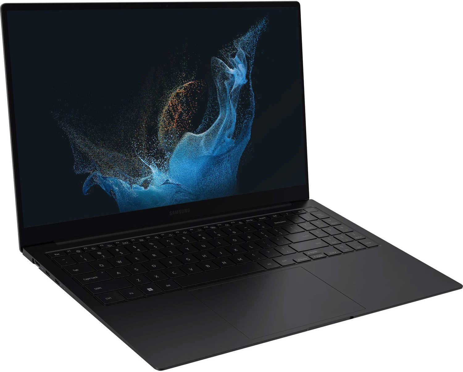 Ein schwarzer Samsung Laptop mit einem abstrakten blauen und orangen Hintergrundbild.