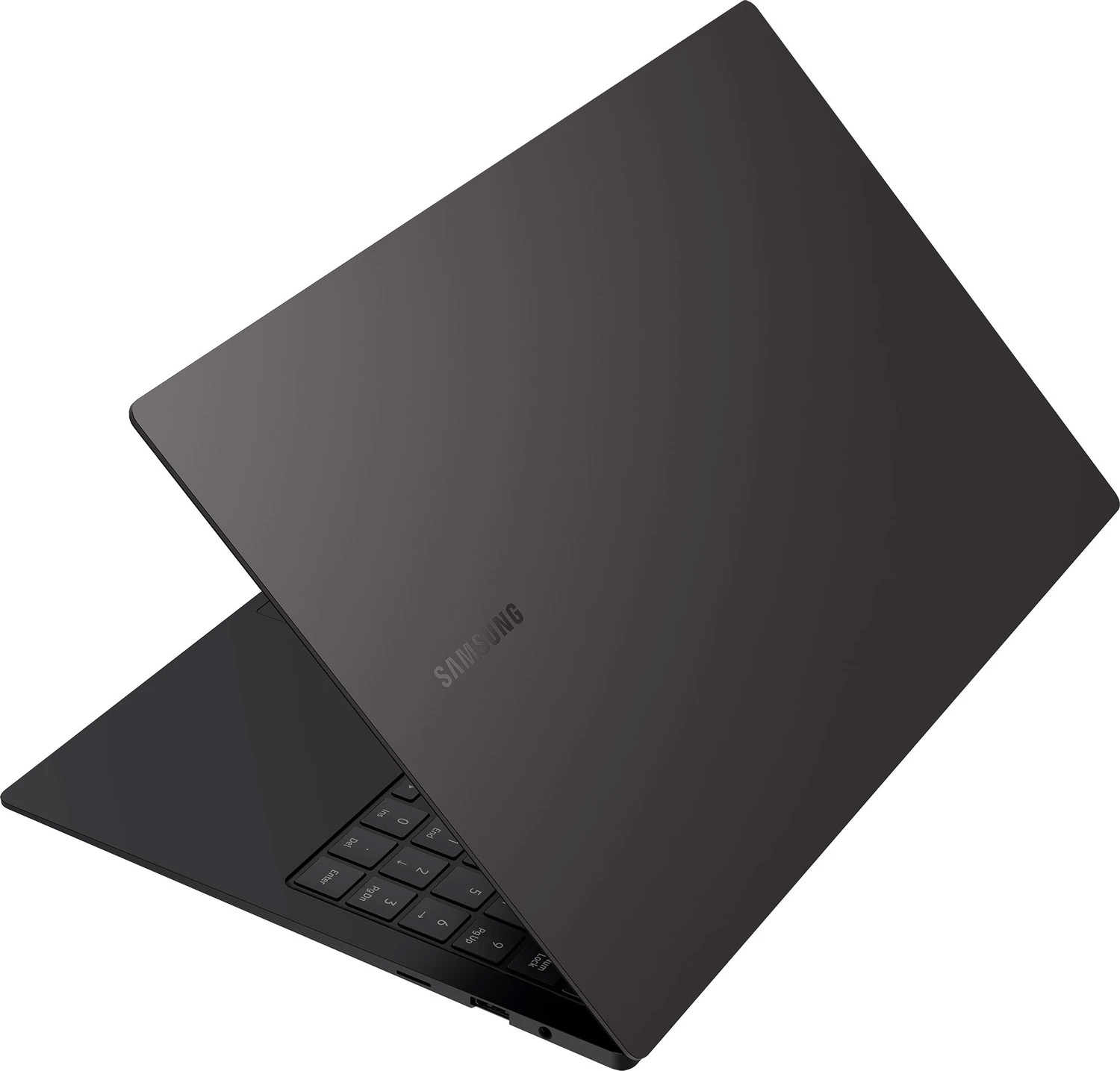 Ein geschlossener, dunkler Samsung Laptop mit beleuchteter Tastatur.