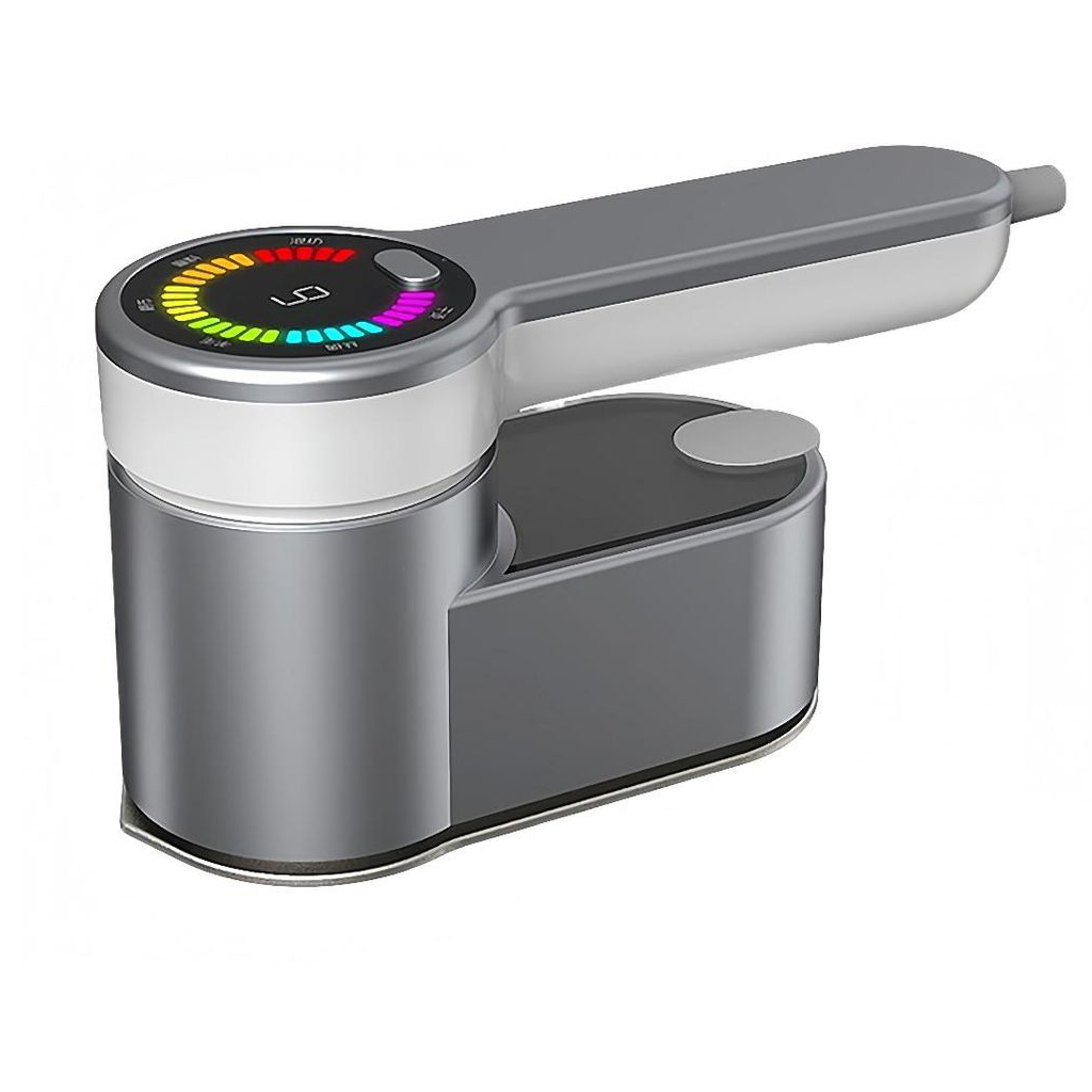 Ein schlanker, moderner silberner und weißer Handdampfglätter mit farbiger LED-Anzeige.