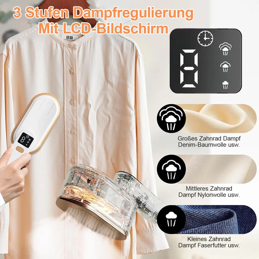 Ein Hand-Dampfglätter mit drei Dampfstufen und LCD-Bildschirm wird gezeigt.