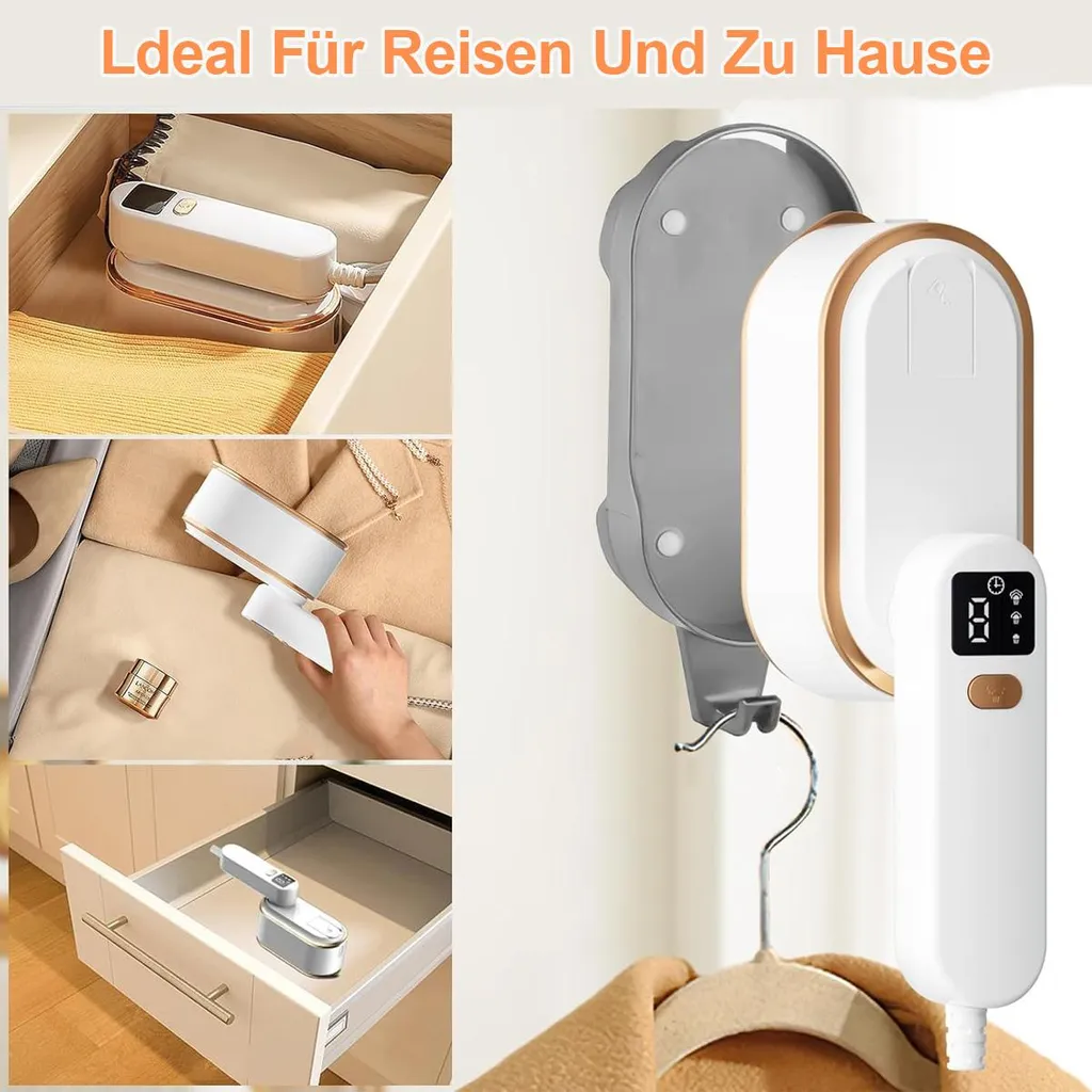 Kompakter Bügler mit Zubehör in Schubladen und an Kleidung.
