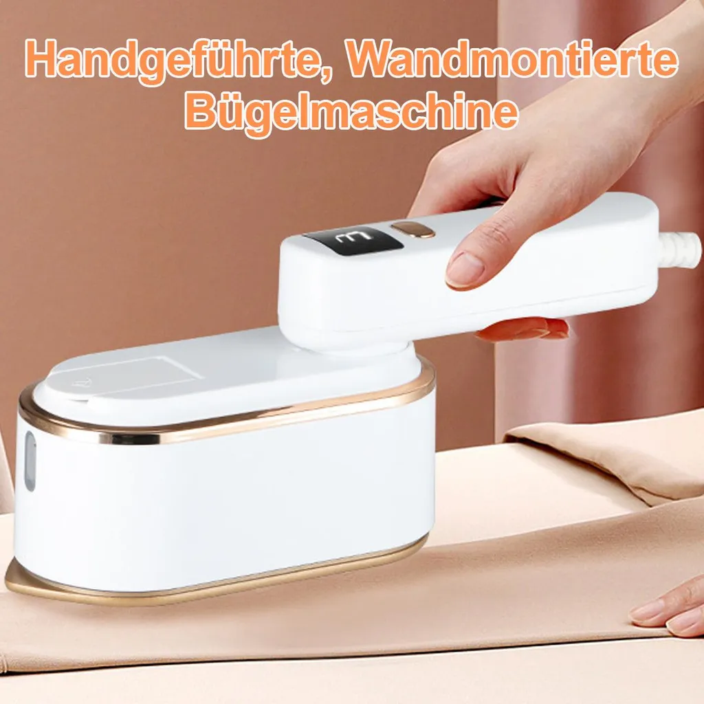 Handgeführte Bügelmaschine in Weiß mit goldenen Akzenten auf Stoff.