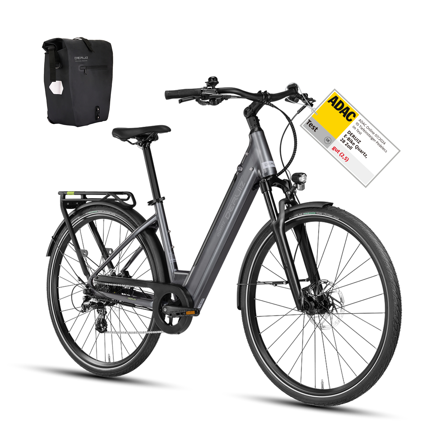 Graues E-Bike mit schwarzer Fahrradtasche und ADAC-Testanhänger.