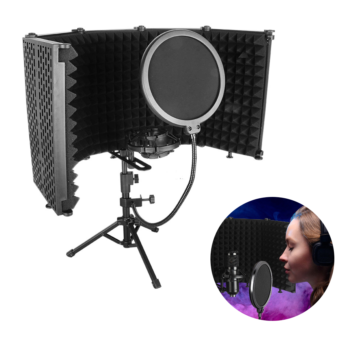 Schallschutzwand für Mikrofone mit Stativ und Popfilter. Kleiner Kreis zeigt Sängerin mit Kopfhörern.