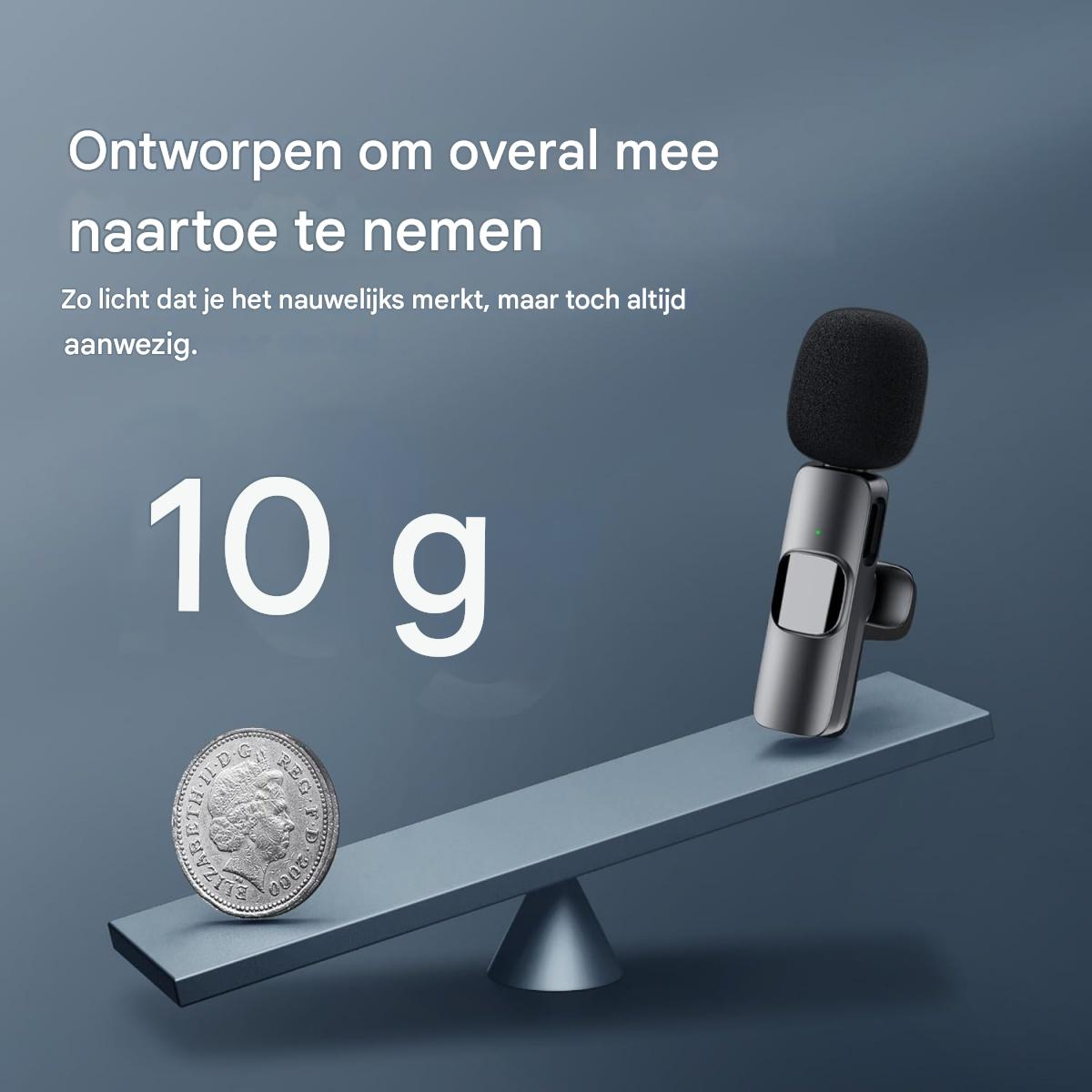 Ein Mikrofon und eine Münze wiegen 10g auf einer Waage.