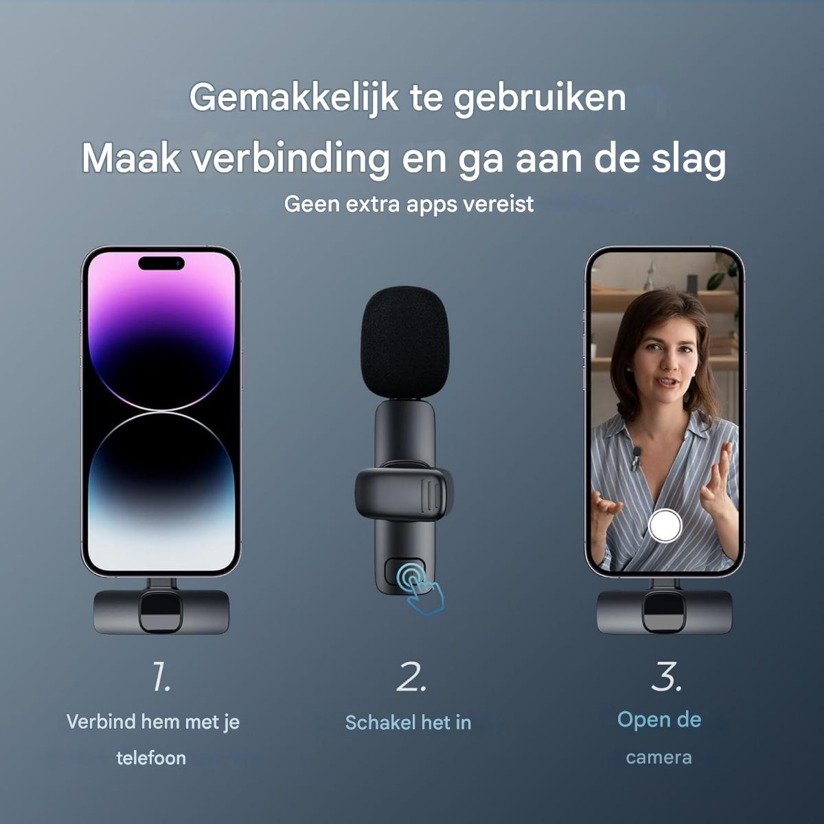 Schritte zum Verbinden eines Mikrofons mit einem Telefon: 1. Verbinden 2. Einschalten 3. Kamera öffnen.