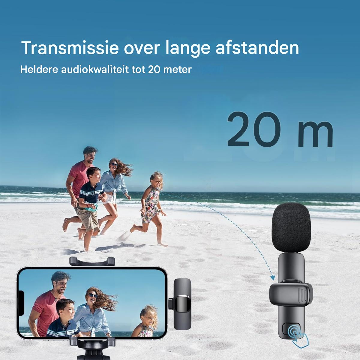 Familie rennt am Strand, Handyfilm und Mikrofon sind zu sehen.