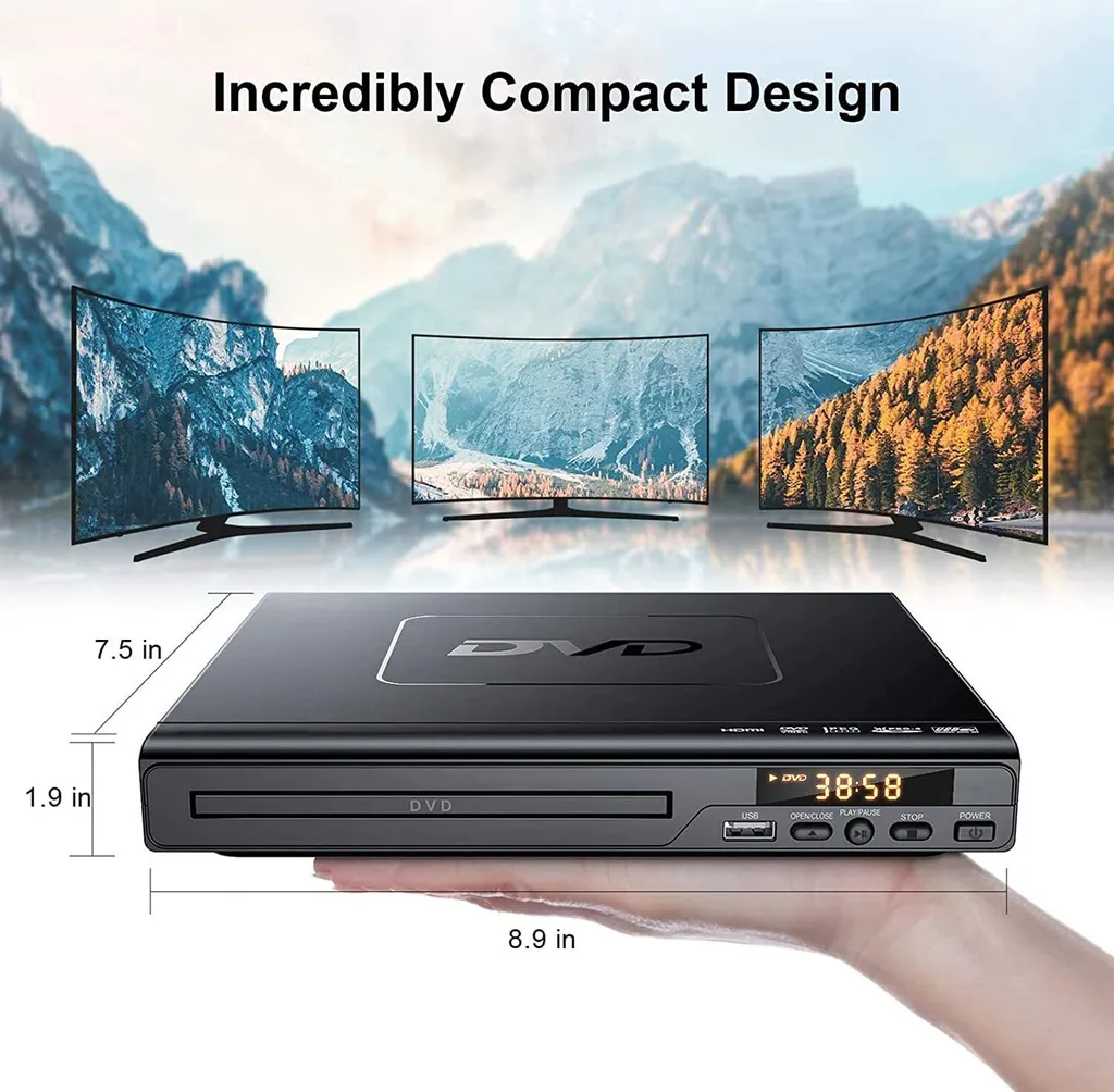 Ein kompakter schwarzer DVD-Player mit Anzeige und Tasten, gehalten in einer Hand.