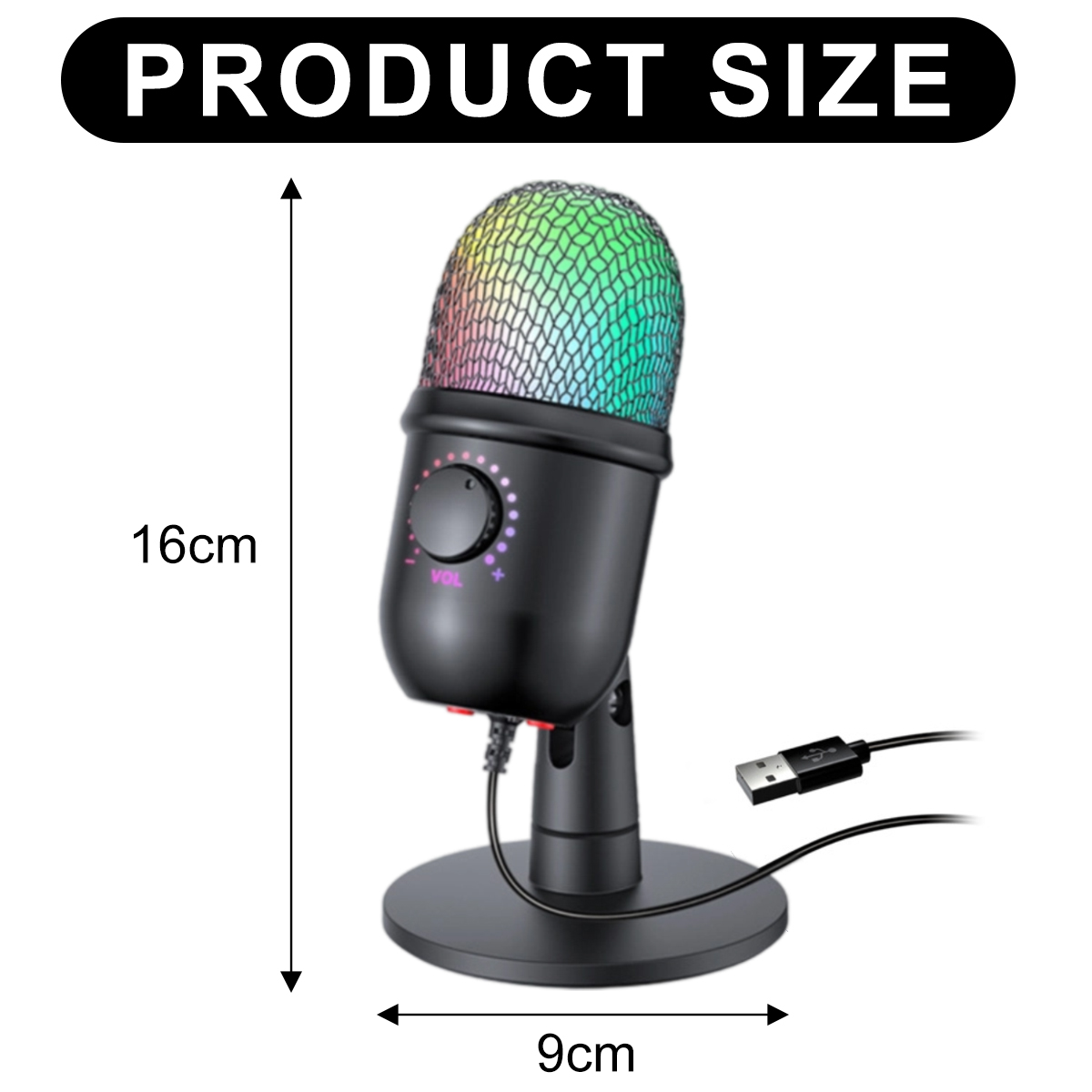 Ein schwarzes Mikrofon mit RGB-Beleuchtung auf einem Ständer, 16cm hoch, 9cm breit.