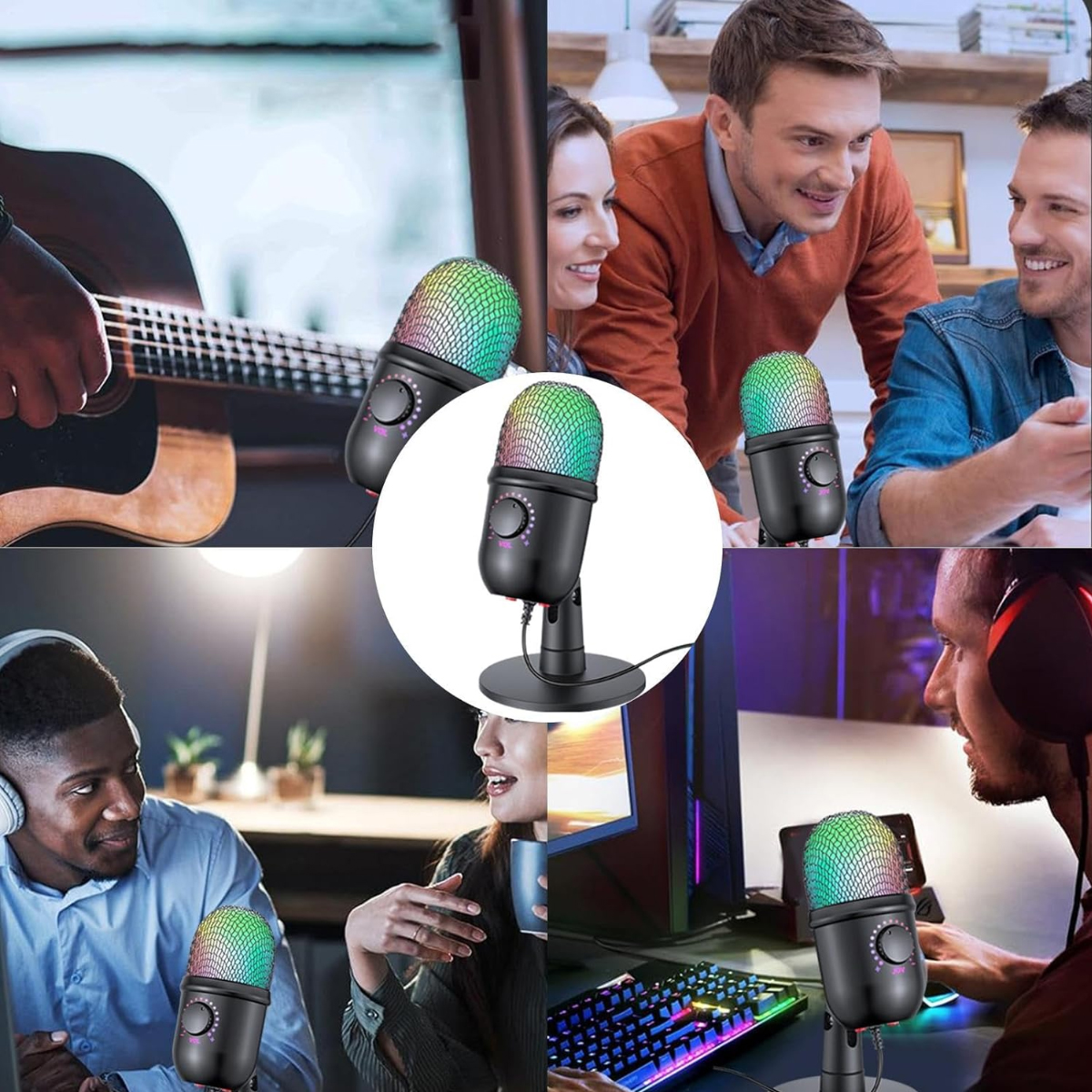Collage von Personen, die ein farbenfrohes RGB-Mikrofon für Musik, Gaming und Podcasts verwenden.