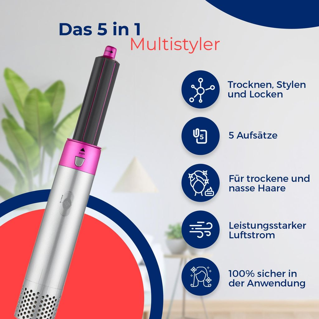 Silberner Multistyler mit pinken Akzenten, 5 Aufsätzen und Funktionen.