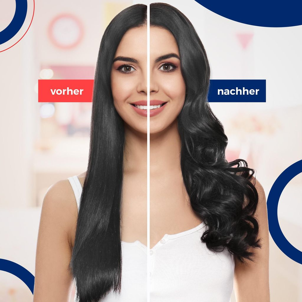 Vorher-Nachher-Vergleich: glattes schwarzes Haar links, lockiges schwarzes Haar rechts.