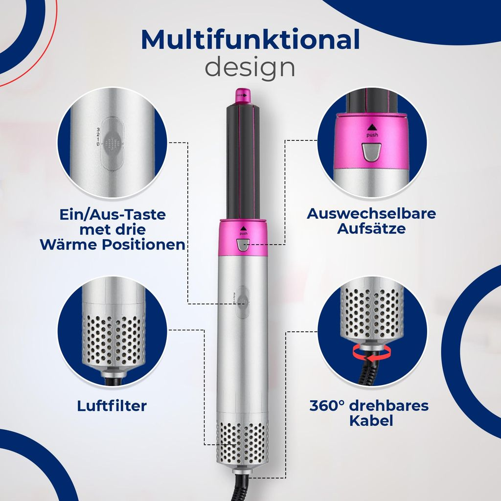 Multifunktionaler Haartrockner mit abnehmbaren Aufsätzen, 3 Wärmepositionen und drehbarem Kabel.