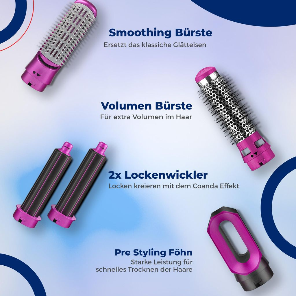 Ein glättender Aufsatz, eine Volumenbürste, zwei Lockenaufsätze und ein Föhn.