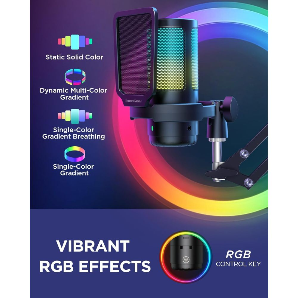 Ein schwarzes Mikrofon mit RGB-Beleuchtung auf einem farbigen Hintergrund.
