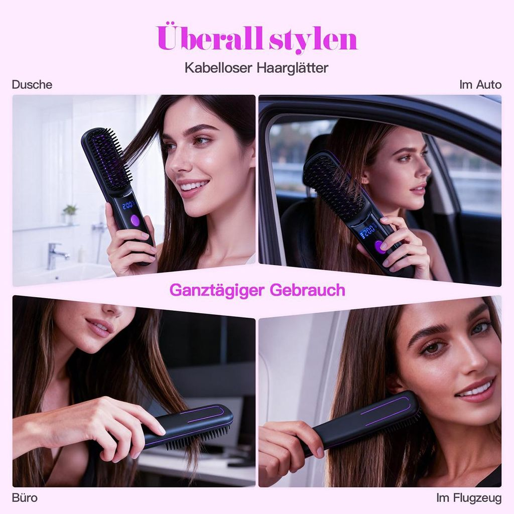 Vier Collagen zeigen Frauen mit einem kabellosen Glätteisen in Dusche, Auto, Büro & Flugzeug.