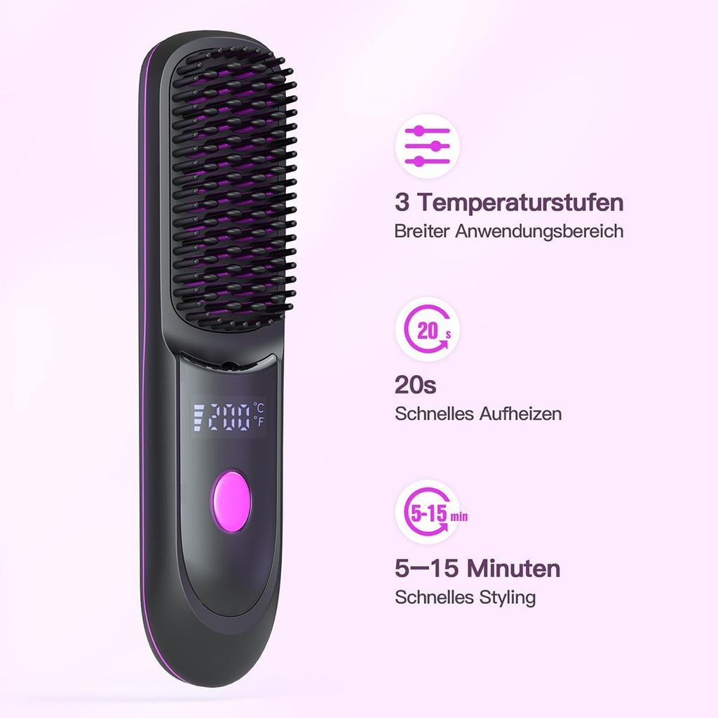 Ein schwarzer und violetter Haar-Glättungskamm mit LCD-Display und pinkem Knopf.
