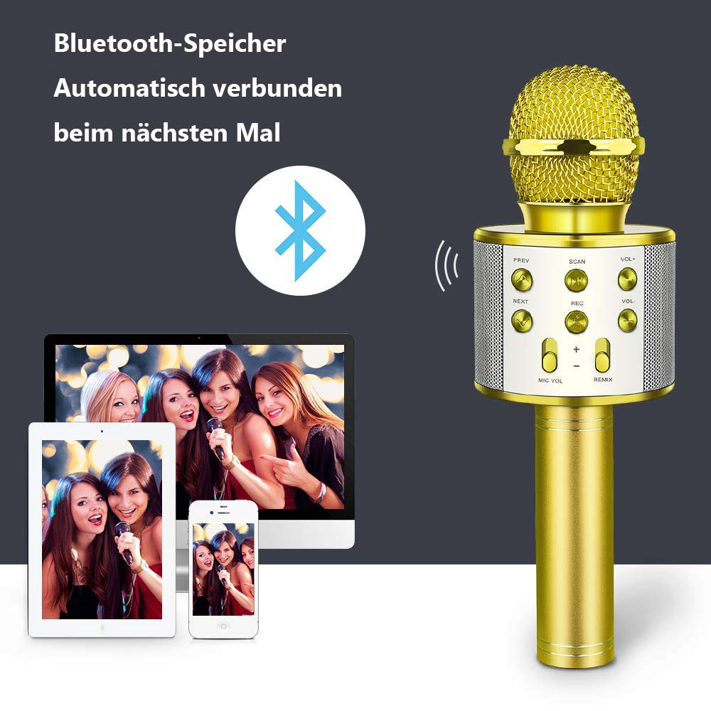 Goldener Bluetooth-Mikrofon mit Geräten und Frauen, die singen.