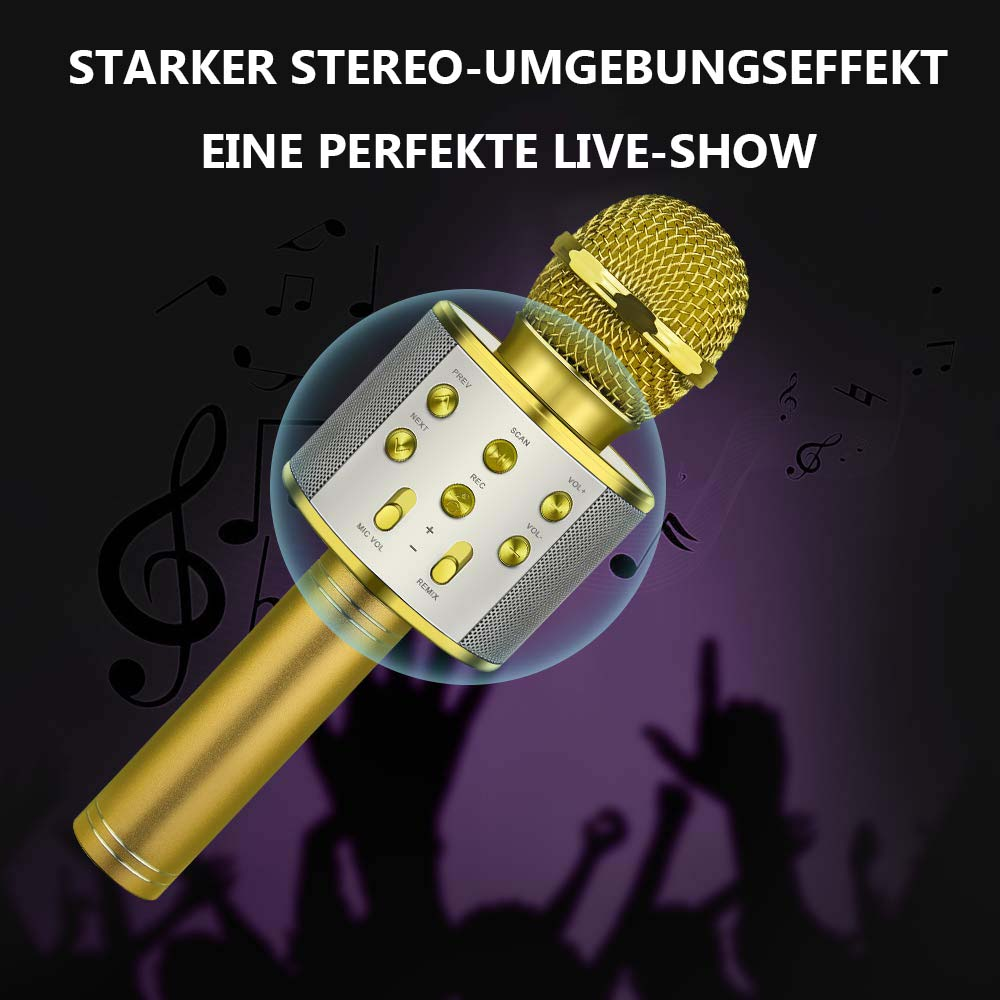 Goldener Mikrofon mit Bedienelementen vor Noten und lila Publikumssilhouetten.