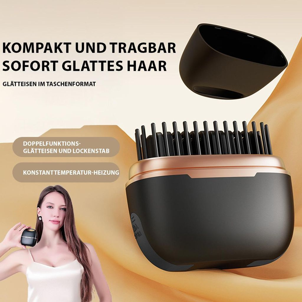 Kompakter, tragbarer Haarglätter mit Borsten und Hitzefunktion.