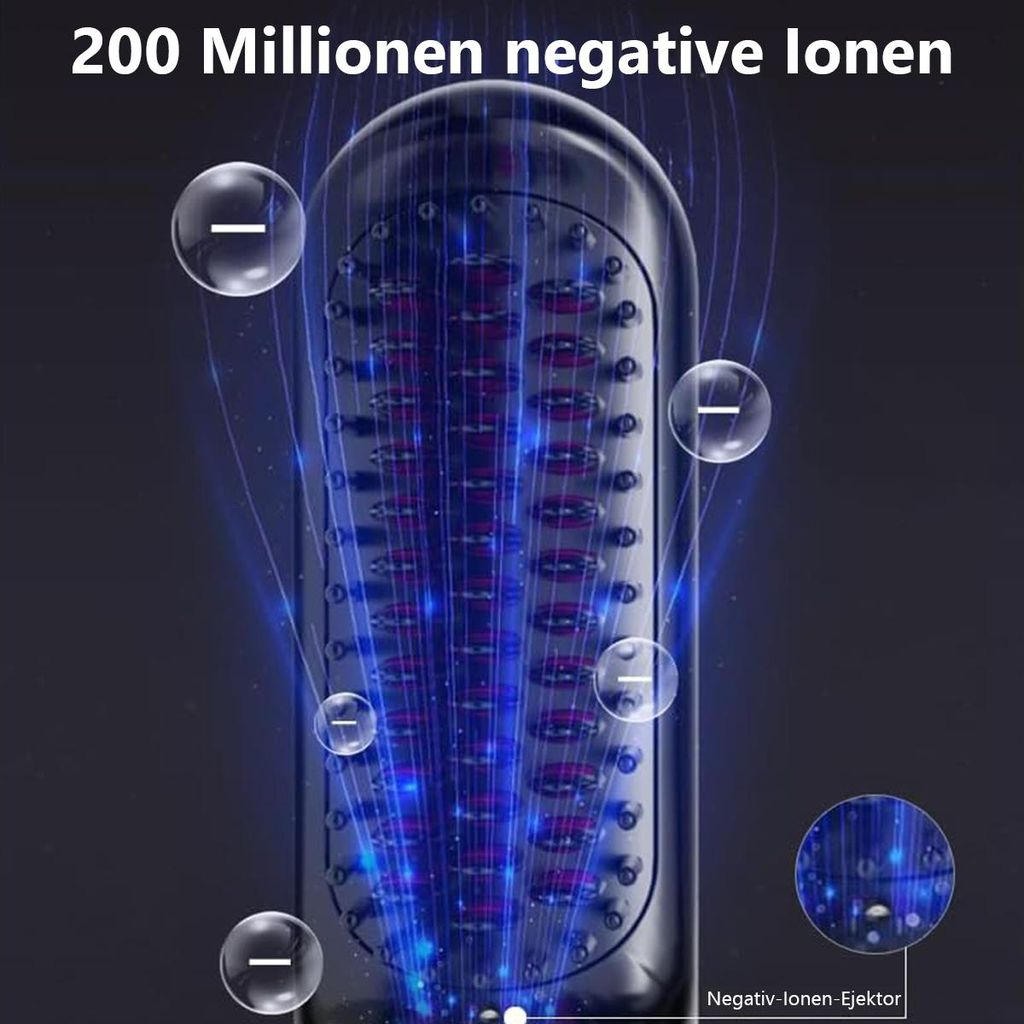 Ein schwarzer Kamm mit blauen Lichtern und negativen Ionen, die herausströmen.