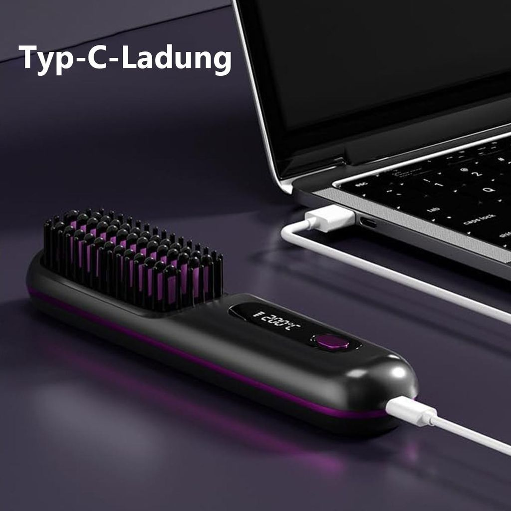Schwarzer Haarglättungsbürste mit lila Akzenten, lädt per USB-C vom Laptop.