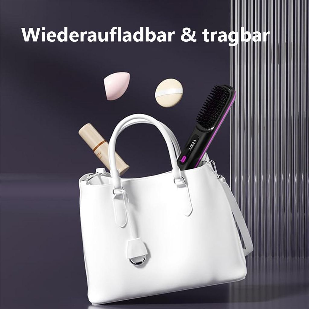 Weiße Handtasche mit Stylingbürste, Kosmetik und Puderquasten