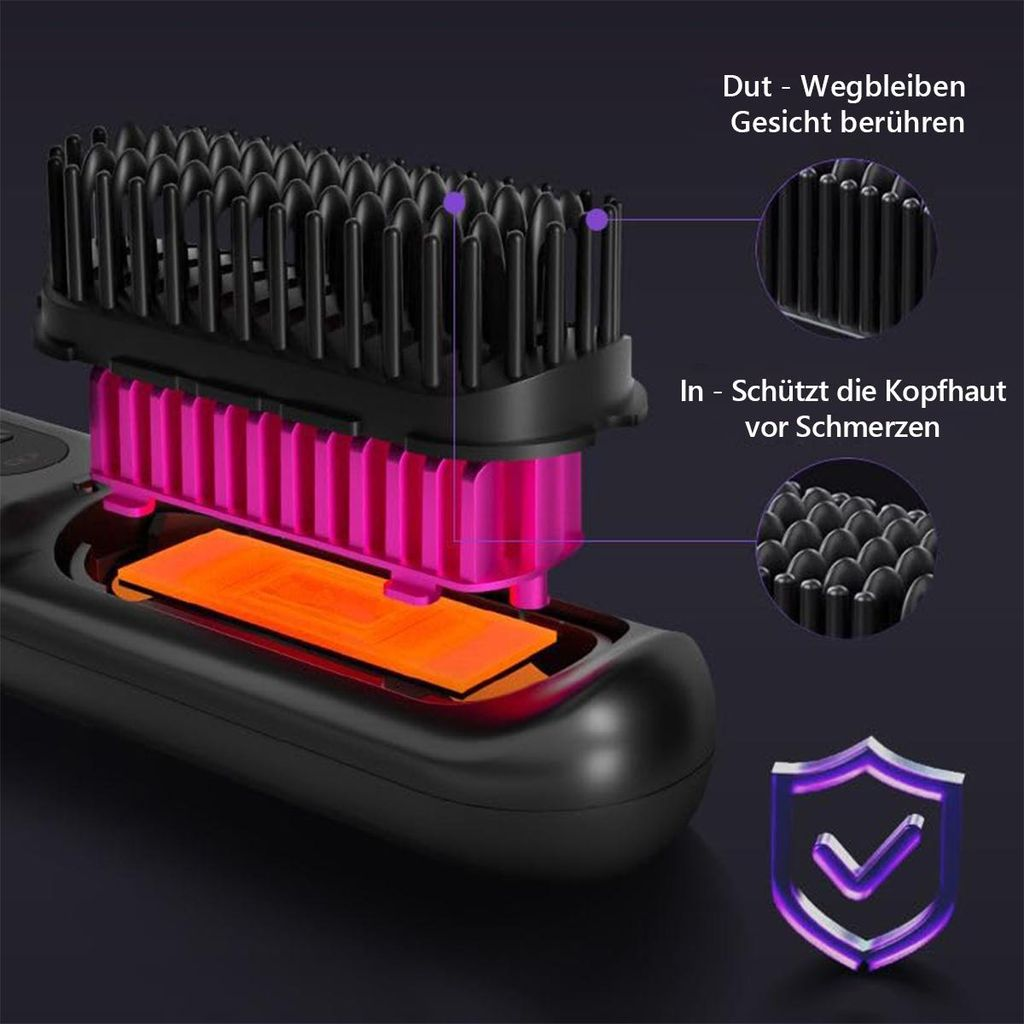 Ein elektrischer Haar Kamm mit schwarzen Borsten und pinken Heizelementen.