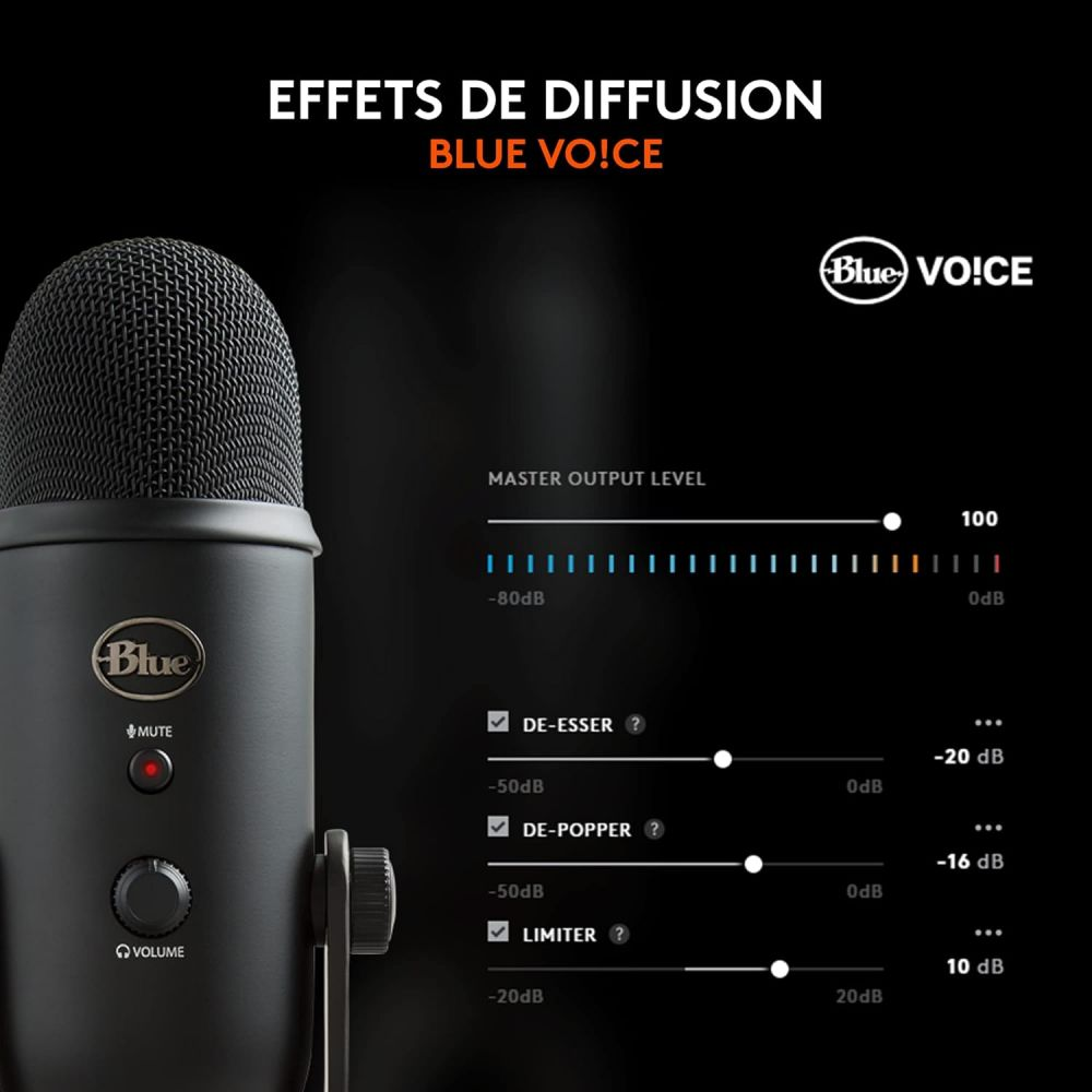 Ein Blue Mikrofon mit Audio-Einstellungen: De-Esser, De-Popper, Limiter & Master Output Level.