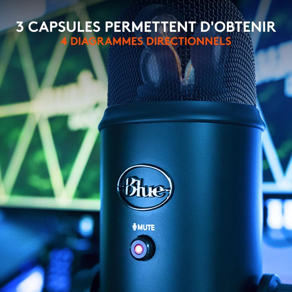 Blaues Mikrofon mit Mute-Taste. Text: 3 Kapseln ermöglichen 4 Richtdiagramme.