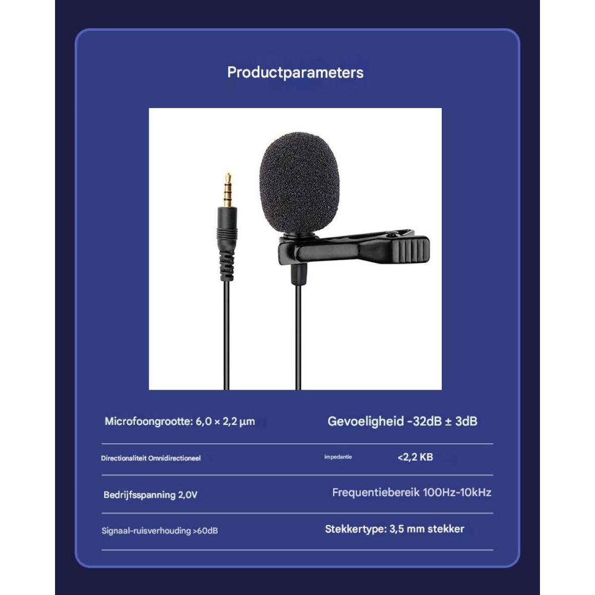 Ein schwarzes Ansteckmikrofon mit 3,5-mm-Stecker und Produktparametern.