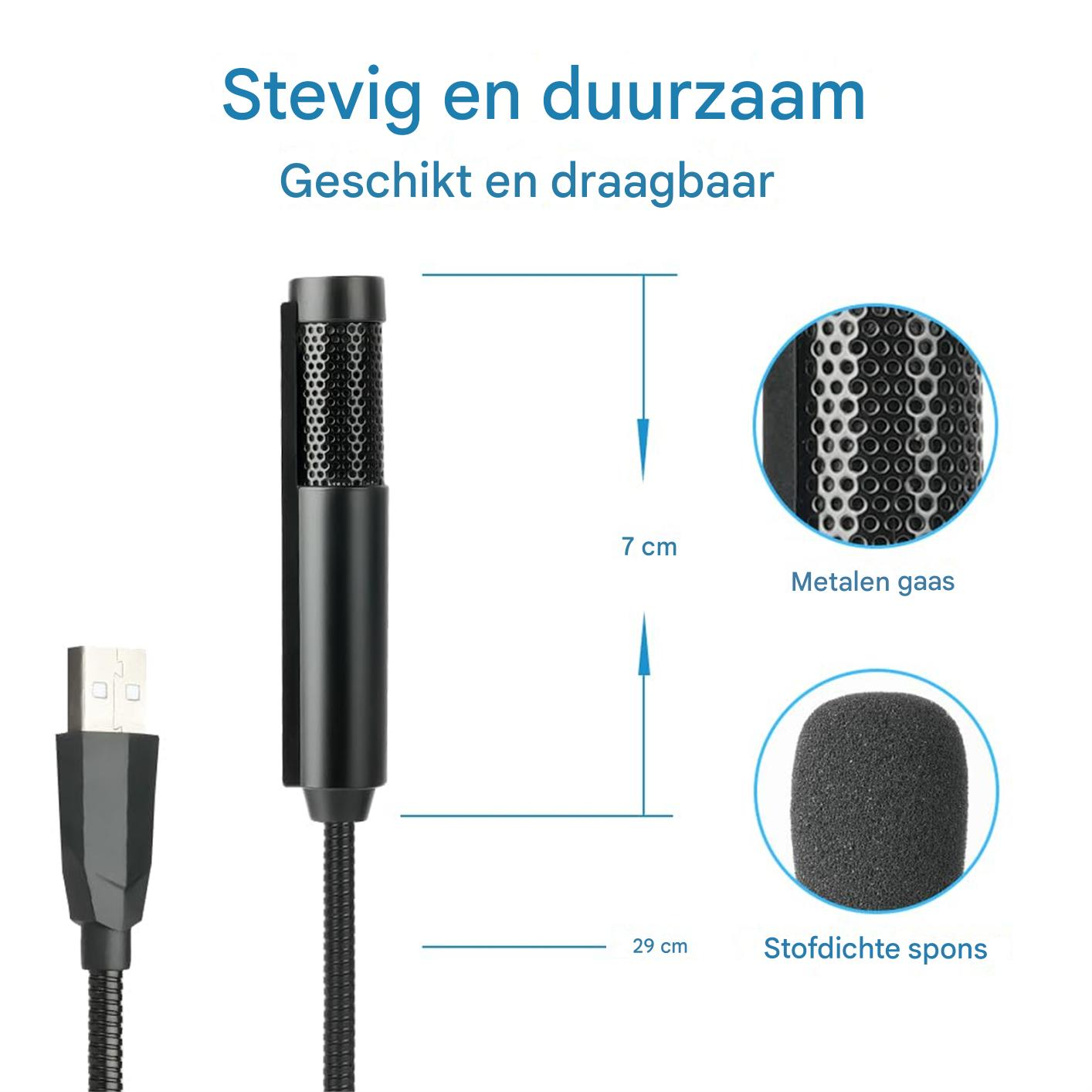 Ein schwarzes USB-Mikrofon mit Metallgitter und Schaumstoffabdeckung.