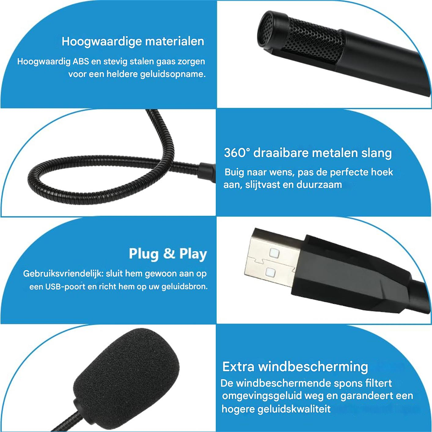 Ein schwarzes Mikrofon mit flexibler Halterung und USB-Anschluss.