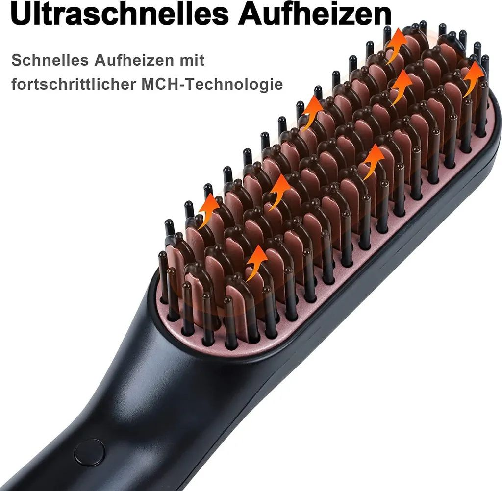 Elektrische Haarbürste mit Heizfunktion und Pfeilen, die Wärme anzeigen.