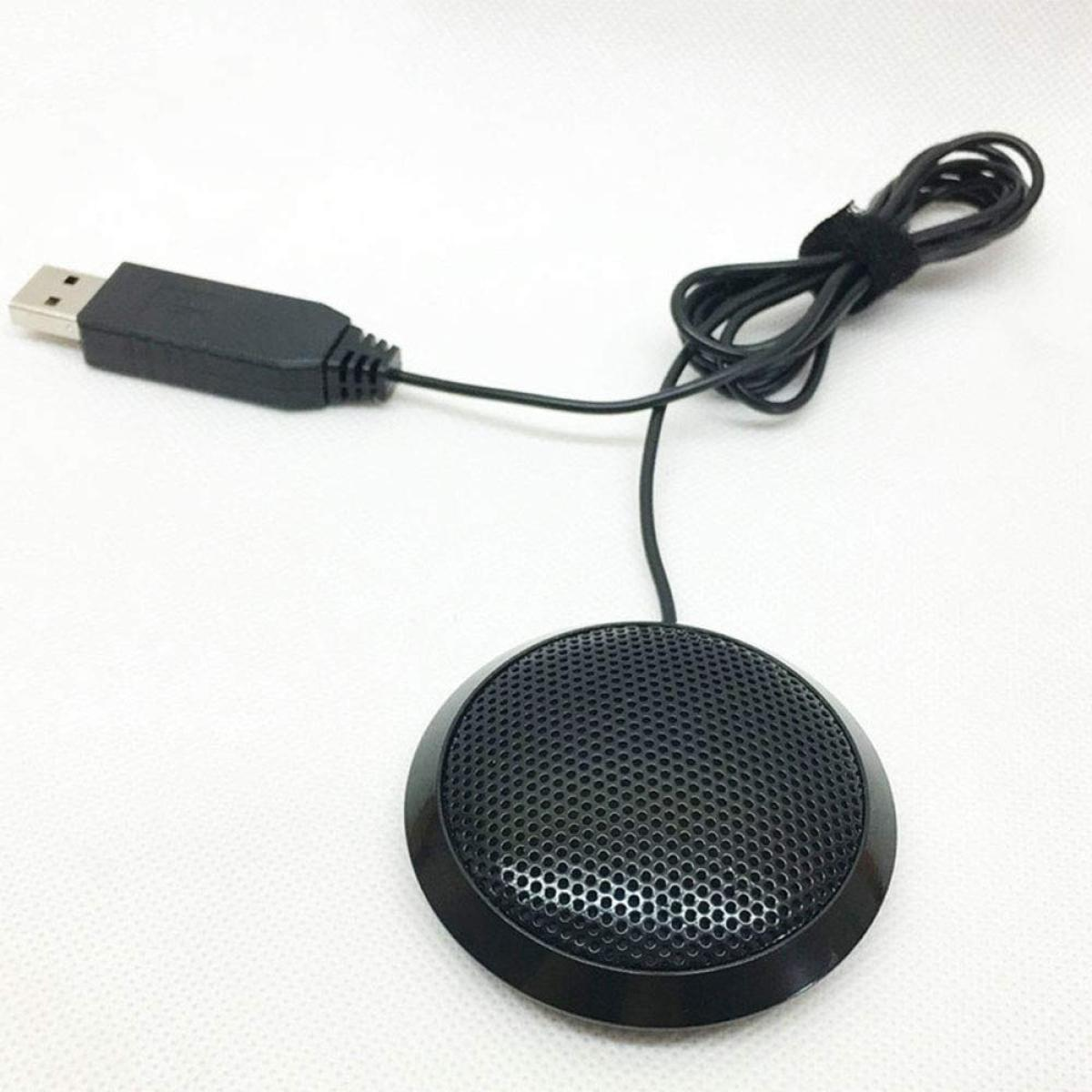Ein schwarzes USB-Mikrofon mit rundem Gitter und Kabel auf weißem Hintergrund.
