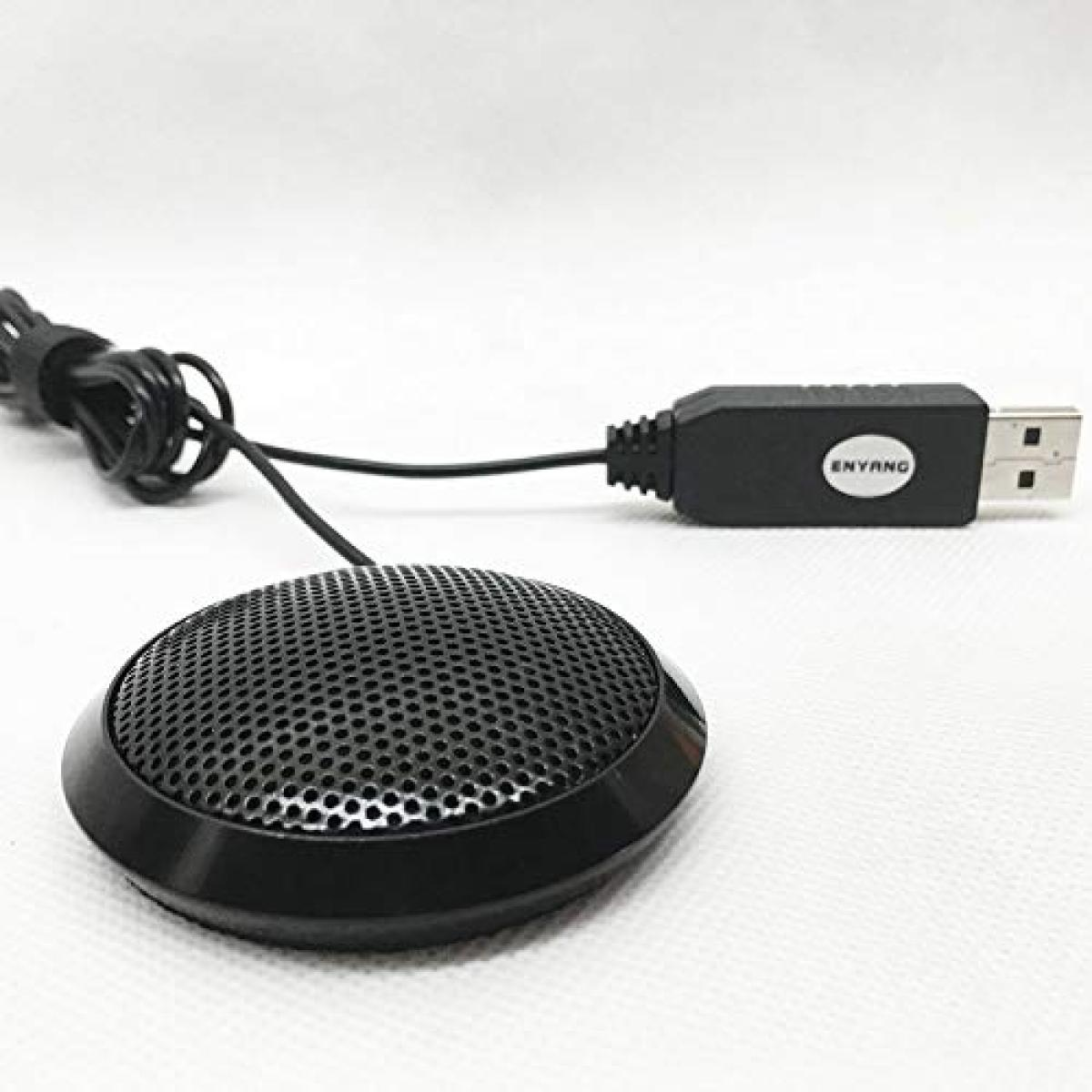 Ein schwarzes USB-Mikrofon mit einem runden Gitter und einem Kabel.