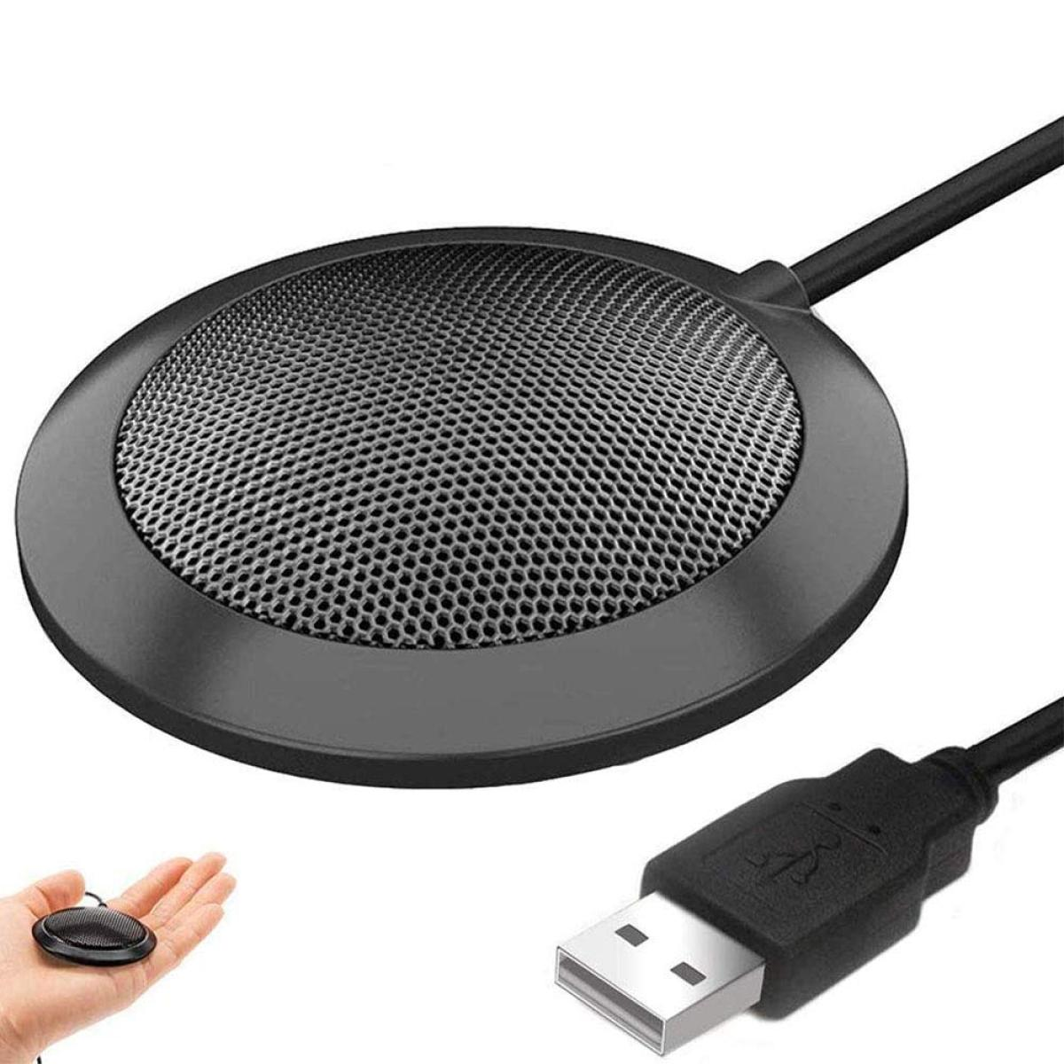 Ein schwarzes Rundmikrofon mit USB-Anschluss, das in einer Hand gehalten wird.