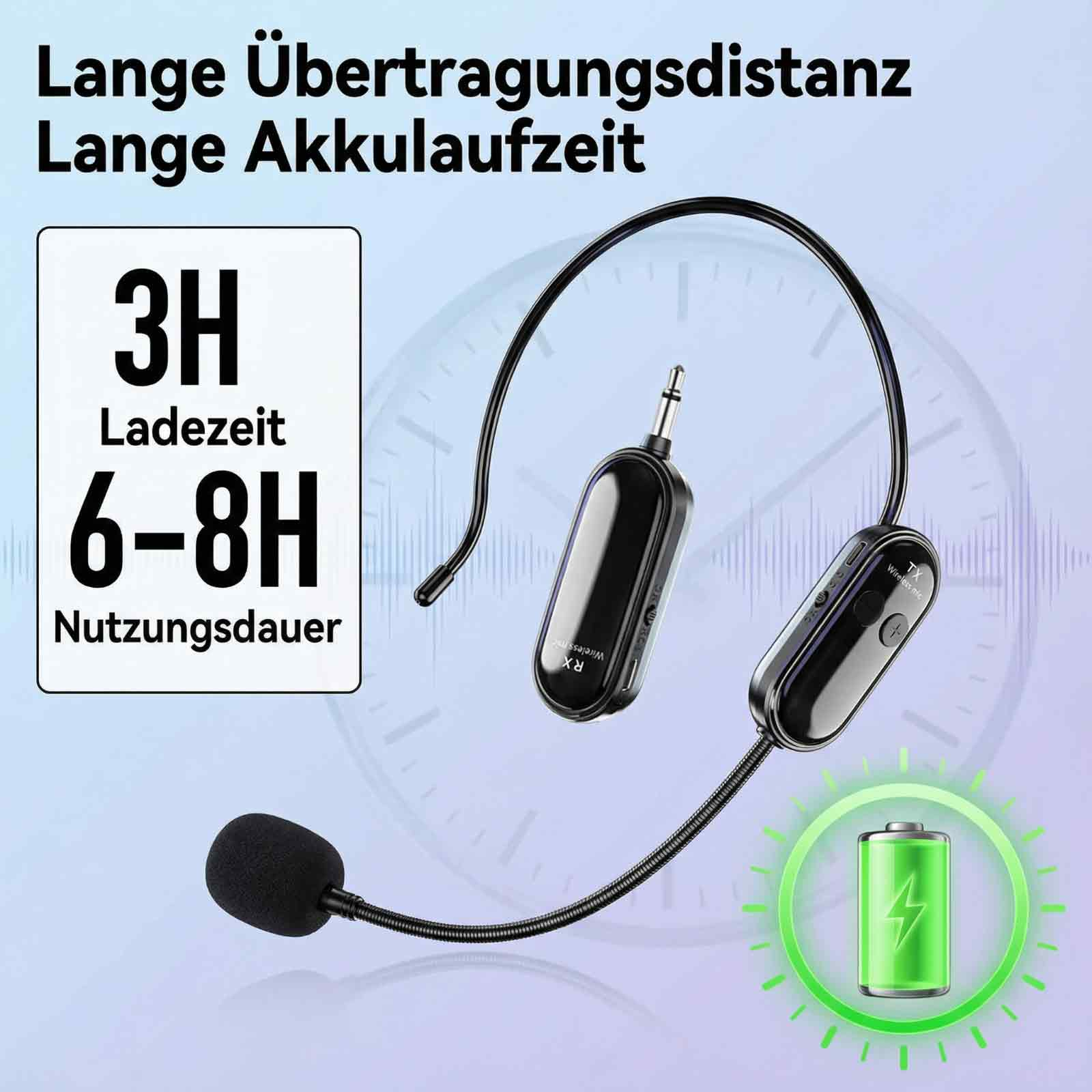 Zwei schwarze Funkmikrofone mit Mikrofon, Ladezeit 3H, Nutzungsdauer 6-8H.