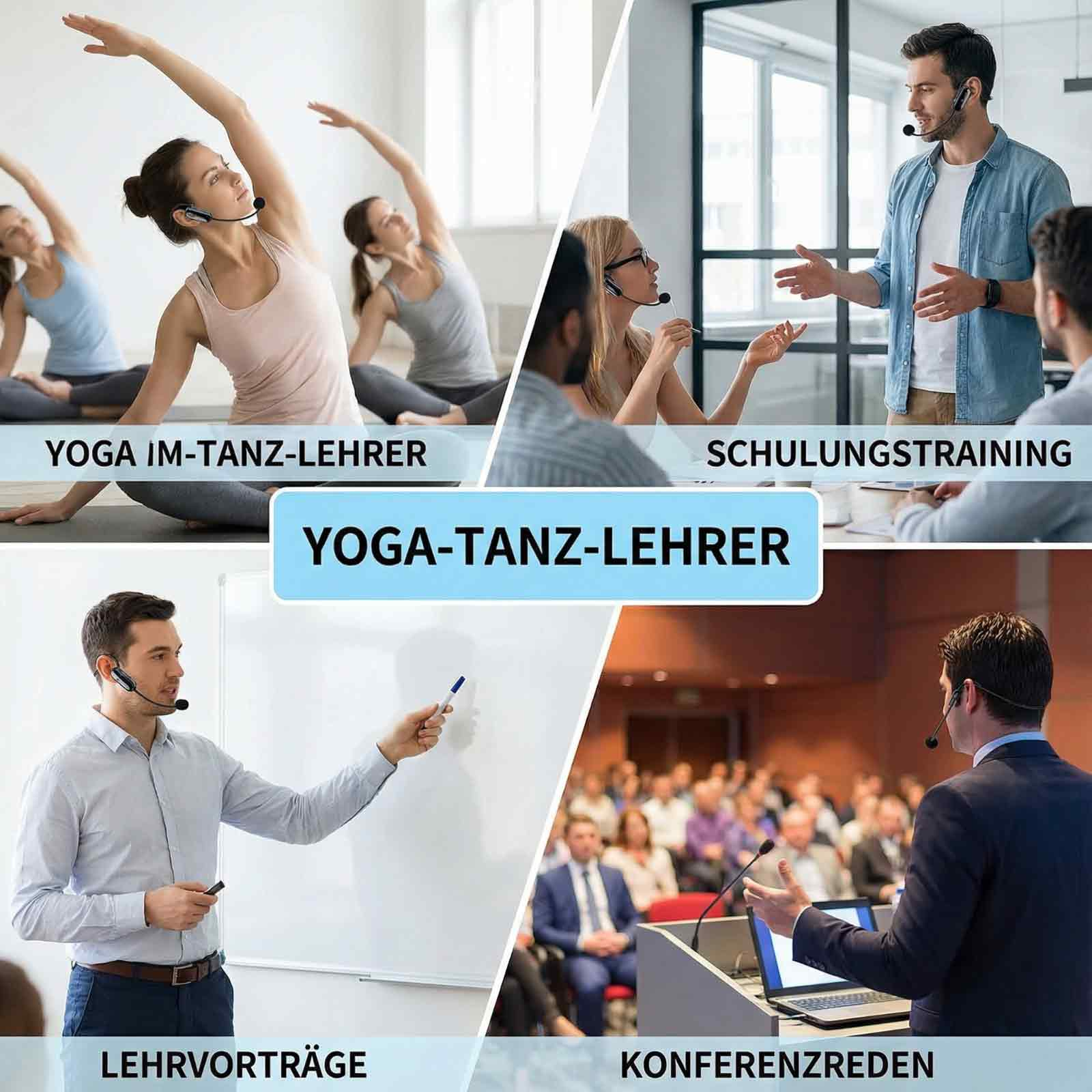 Vier Szenen: Yoga, Training, Vortrag und Konferenz mit Mikrofonen.