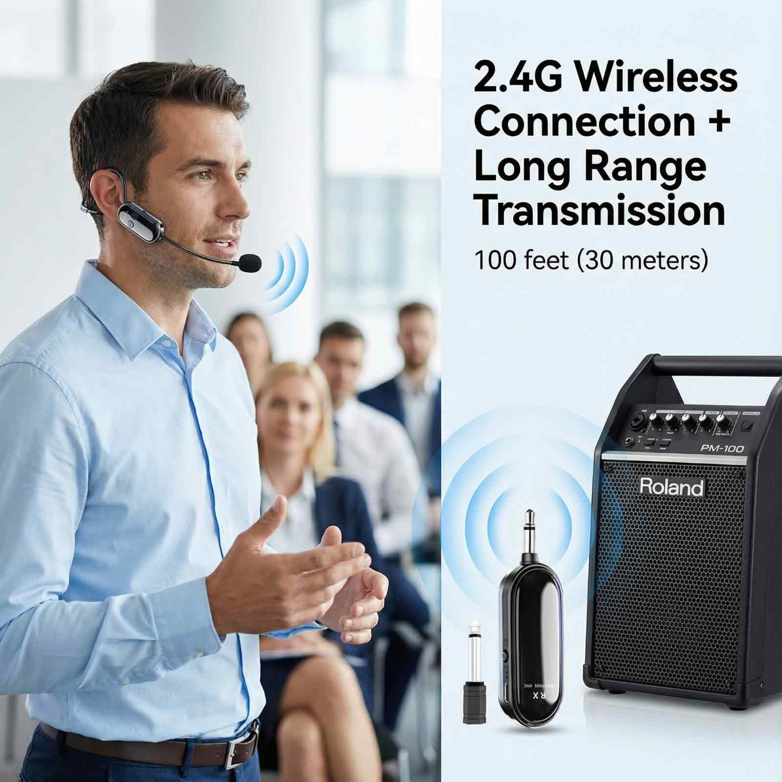 Ein Mann mit Headset spricht, daneben ein Roland-Verstärker und Funkübertragung.