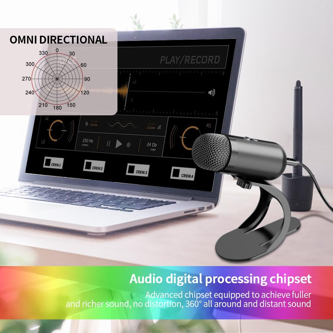 Ein schwarzes Mikrofon steht vor einem geöffneten Laptop mit einer Audio-Software-Oberfläche.