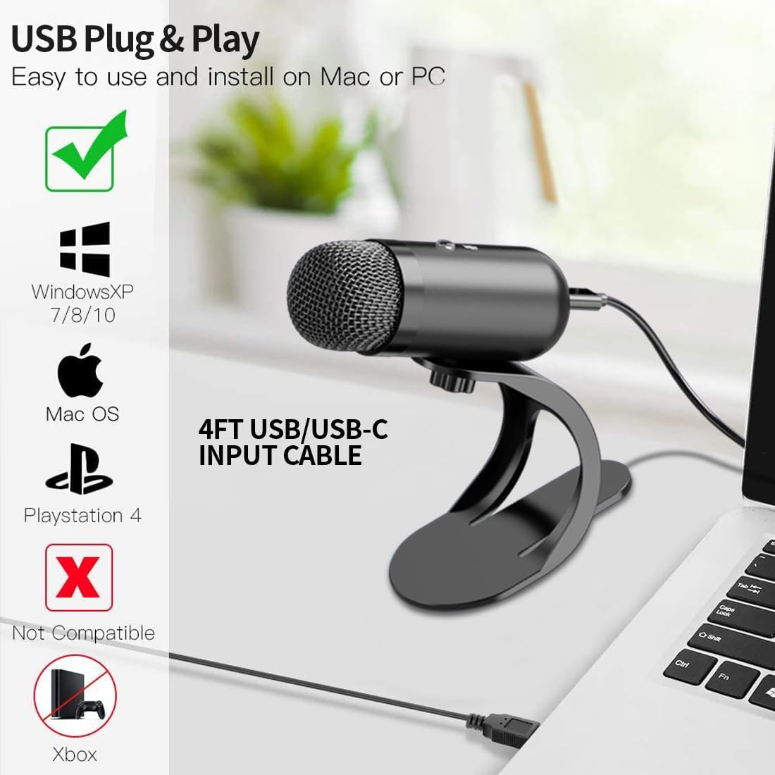 Schwarzes USB-Mikrofon auf Ständer mit 4-Fuß-USB-Kabel, angeschlossen an einen Laptop.