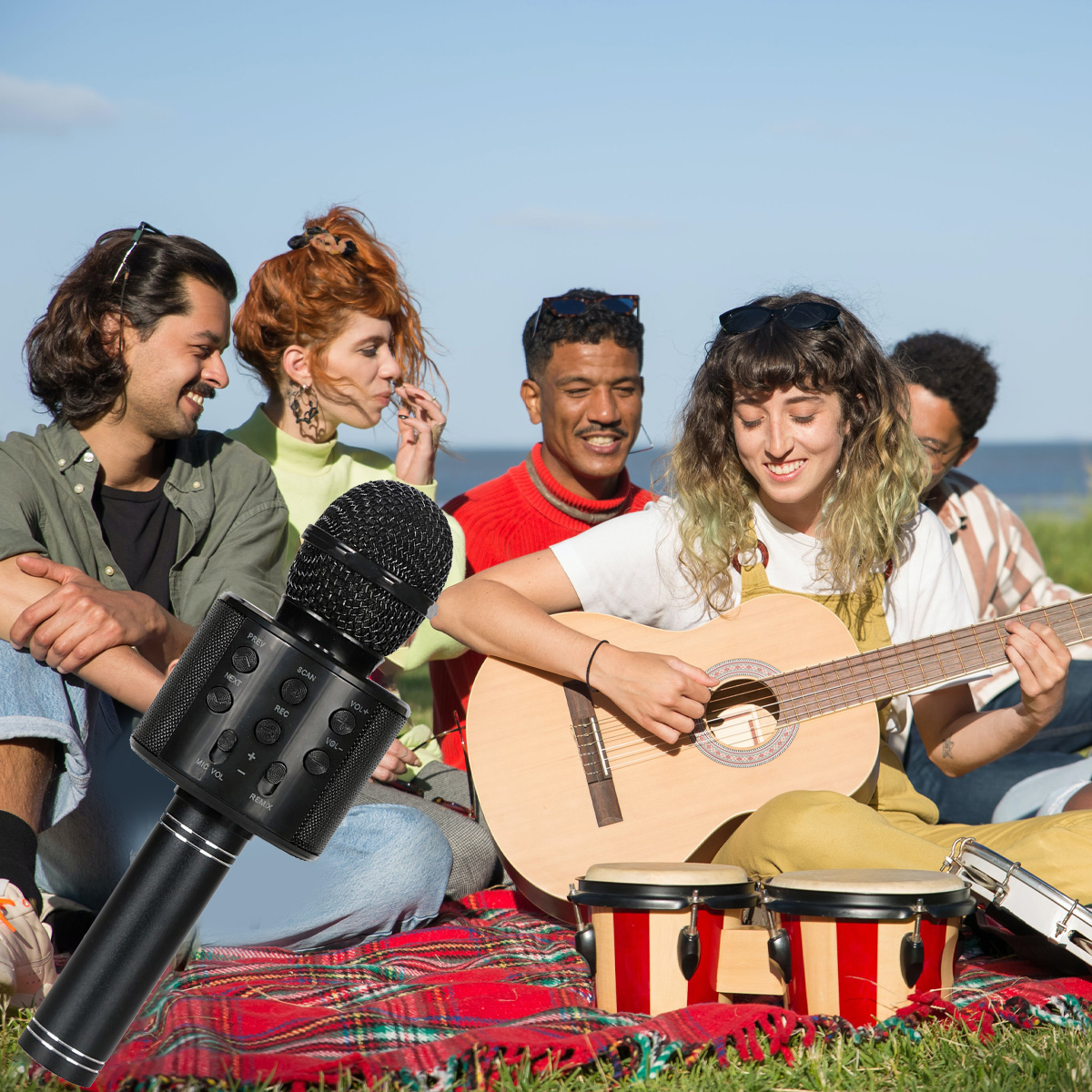 Fünf Freunde genießen ein Picknick im Freien mit Gitarre, Schlagzeug und Mikrofon.