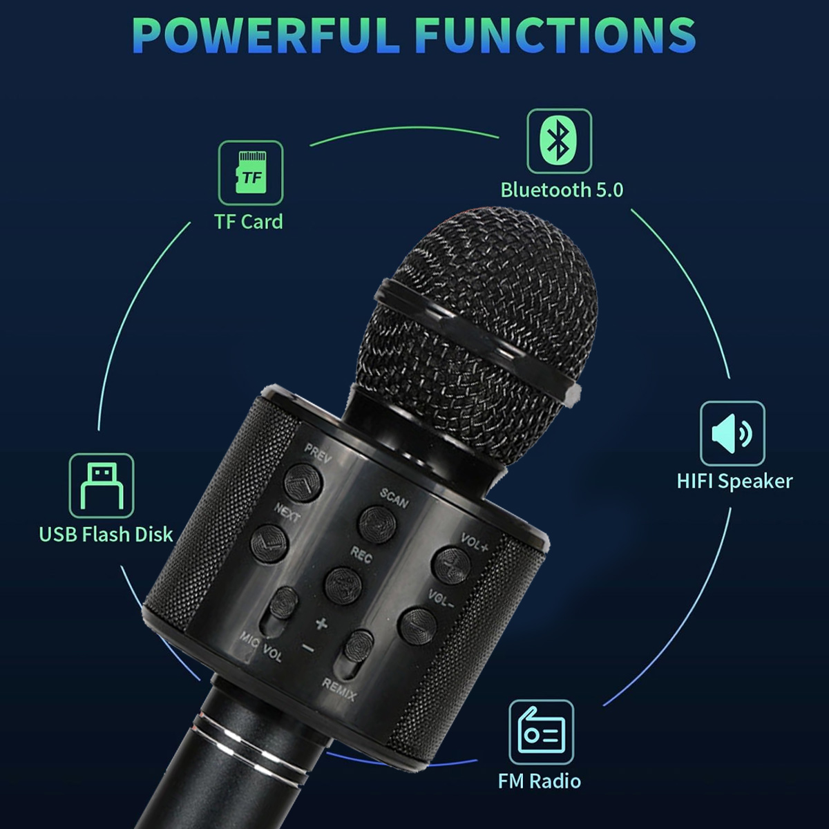 Schwarzes Mikrofon mit Funktionen: TF-Karte, USB, Bluetooth, UKW-Radio, Lautsprecher.
