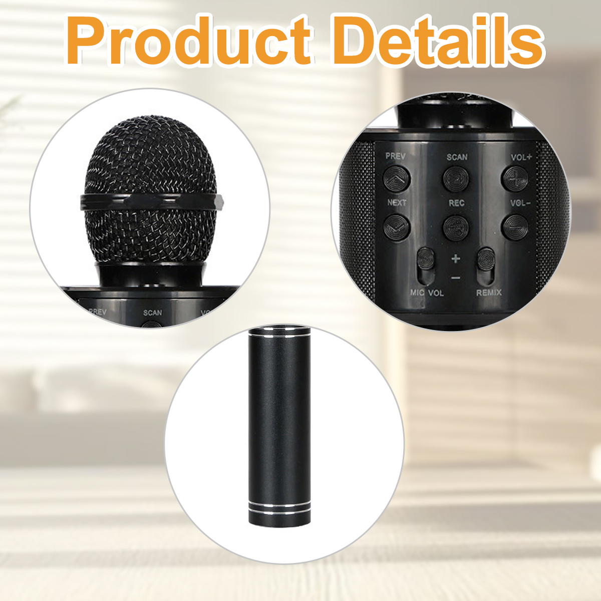 Collage von Produktdetails: schwarzes Mikrofon, Bedienfeld mit Tasten und zylindrische Batterie.