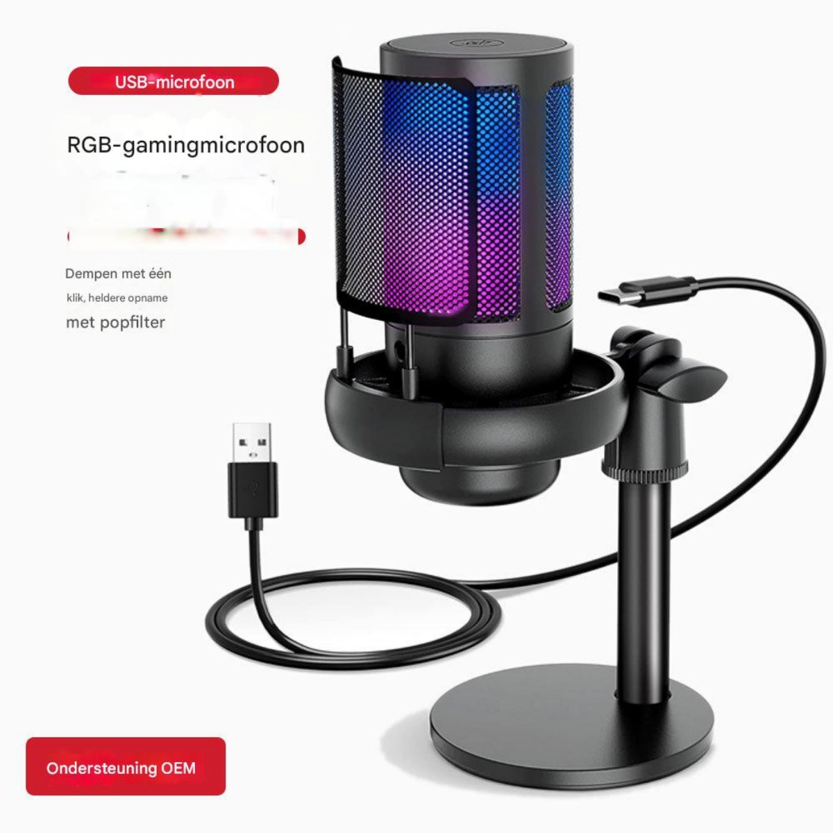 Ein schwarzes RGB-Gaming-Mikrofon mit USB-Anschluss steht auf einem Ständer.