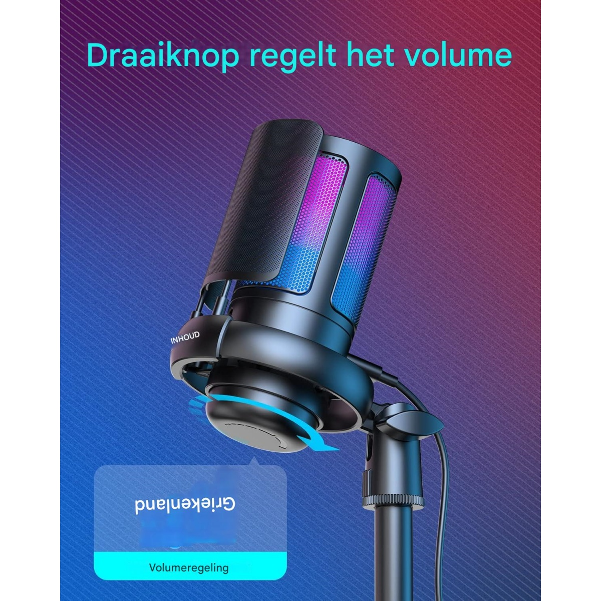 Ein schwarzes Mikrofon mit RGB-Beleuchtung steht auf einem Ständer.